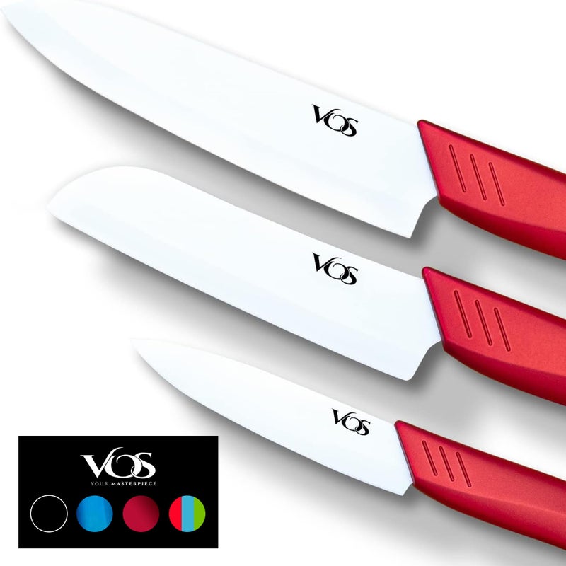 Vos Ceramic Knife Set in Elegant Gift Box, Ceramic Knives Set For Kitchen, Ultra Sharp Kitchen Knife Set with Covers, 4" 5" 6" Paring, Santoku & Chef Knife, Lightweight, Dishwasher safe (Red Handle) - Image 1